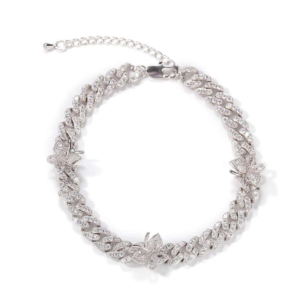Cuban link silver butterfly anklet