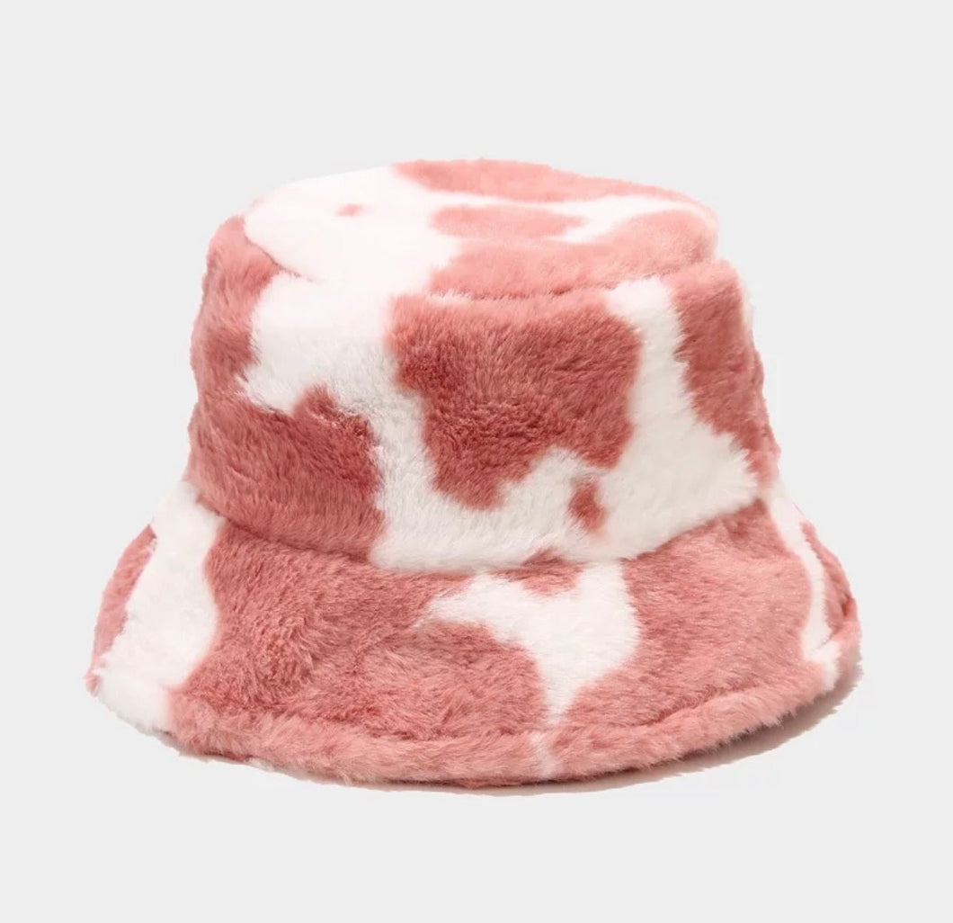 Cow print furry bucket hat